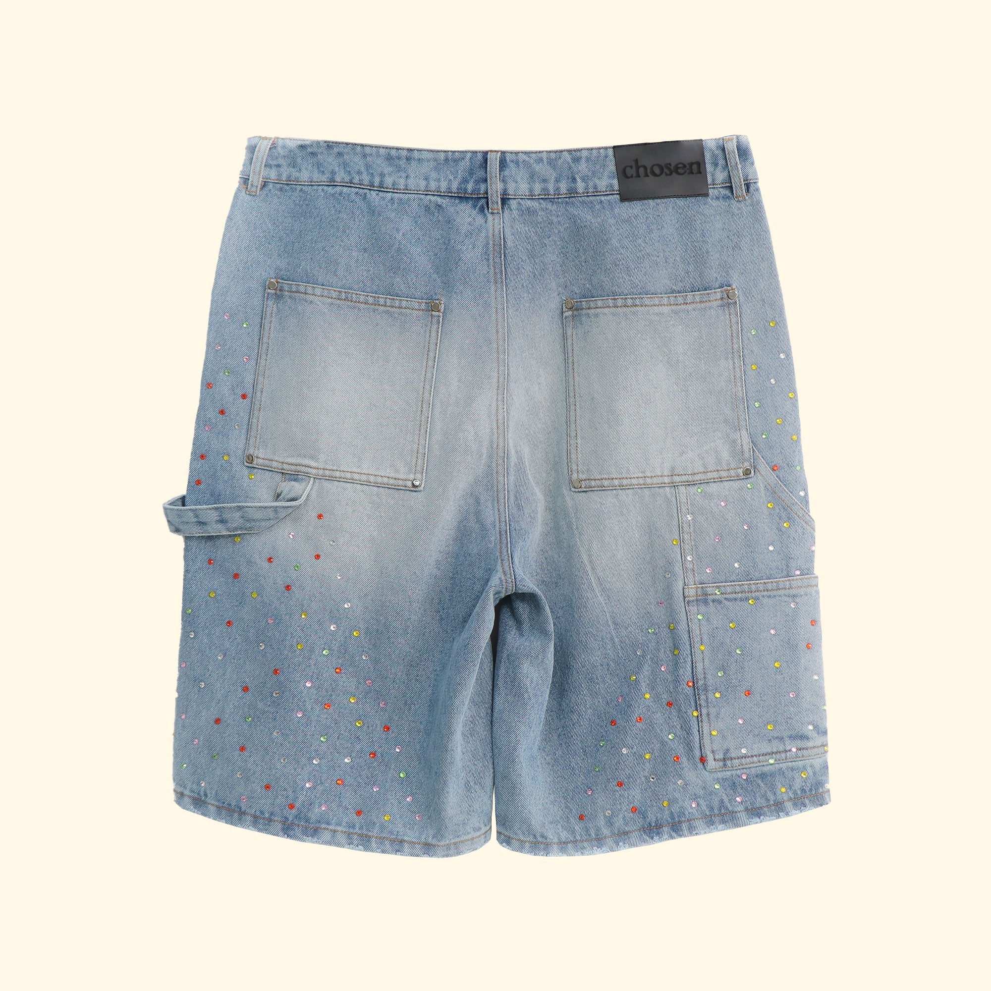 RHINESTONE CARPENTER DENIM SHORTS