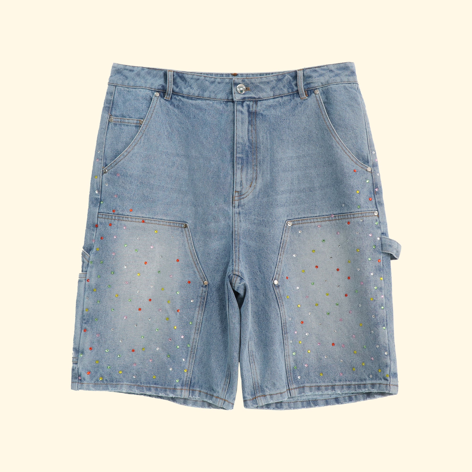RHINESTONE CARPENTER DENIM SHORTS